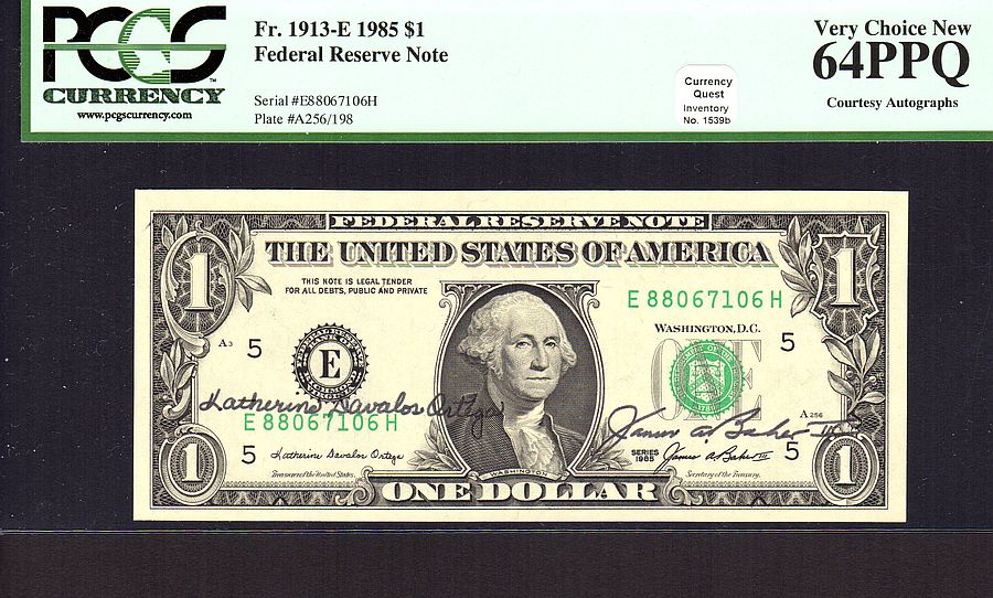 Fr.1913-E, 1985 $1 FRN, Double Autograph: Ortega & Baker, Ch.CU, PCGSc 64-PPQ